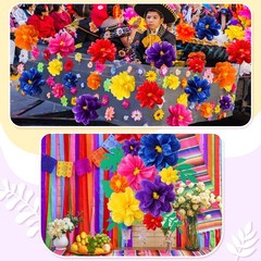 Large 20″ 10″ Colorful Tissue Flowers Giant Fiesta Pom Poms and Leaves, Mexic…