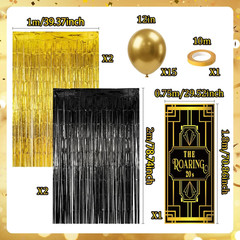 20 Pcs Roaring 20S Party Decorations Set Door Cover Banner with Black and Gold T