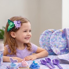 Purple Mermaid Party Decorations Set for Kids Birthday, Banner Plates Cups Napki