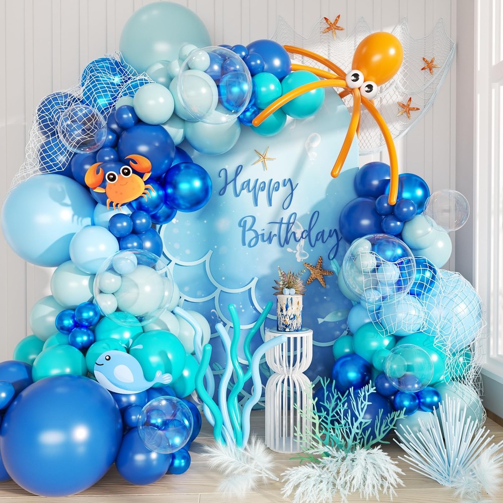 Under the Sea Balloon Arch Kit 130Pcs Dark Blue Metallic Blue Orange Long