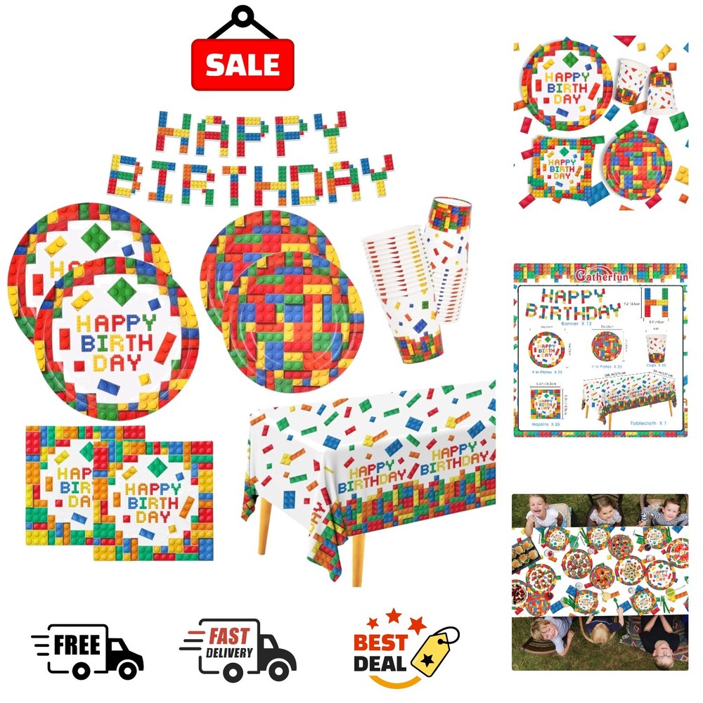 Building Block Party Supplies Kids Birthday Plates Cups Napkins Banner Set
