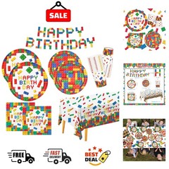 Building Block Party Supplies Kids Birthday Plates Cups Napkins Banner Set
