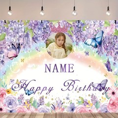 1pc Personalized Purple Flower Butterfly Princess Birthday Poster Tapestry Art ♪