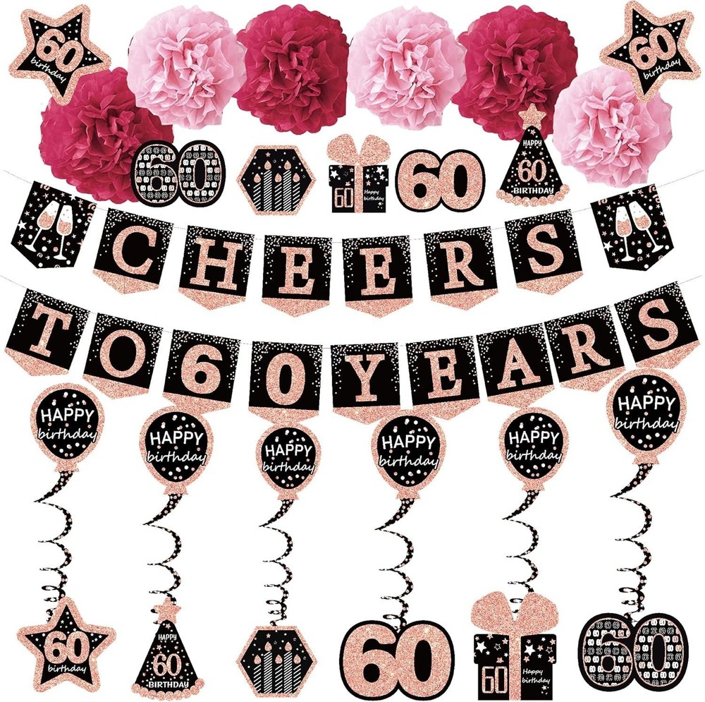 60th birthday decorations for women – (21pack) cheers to 60 years rose gold
