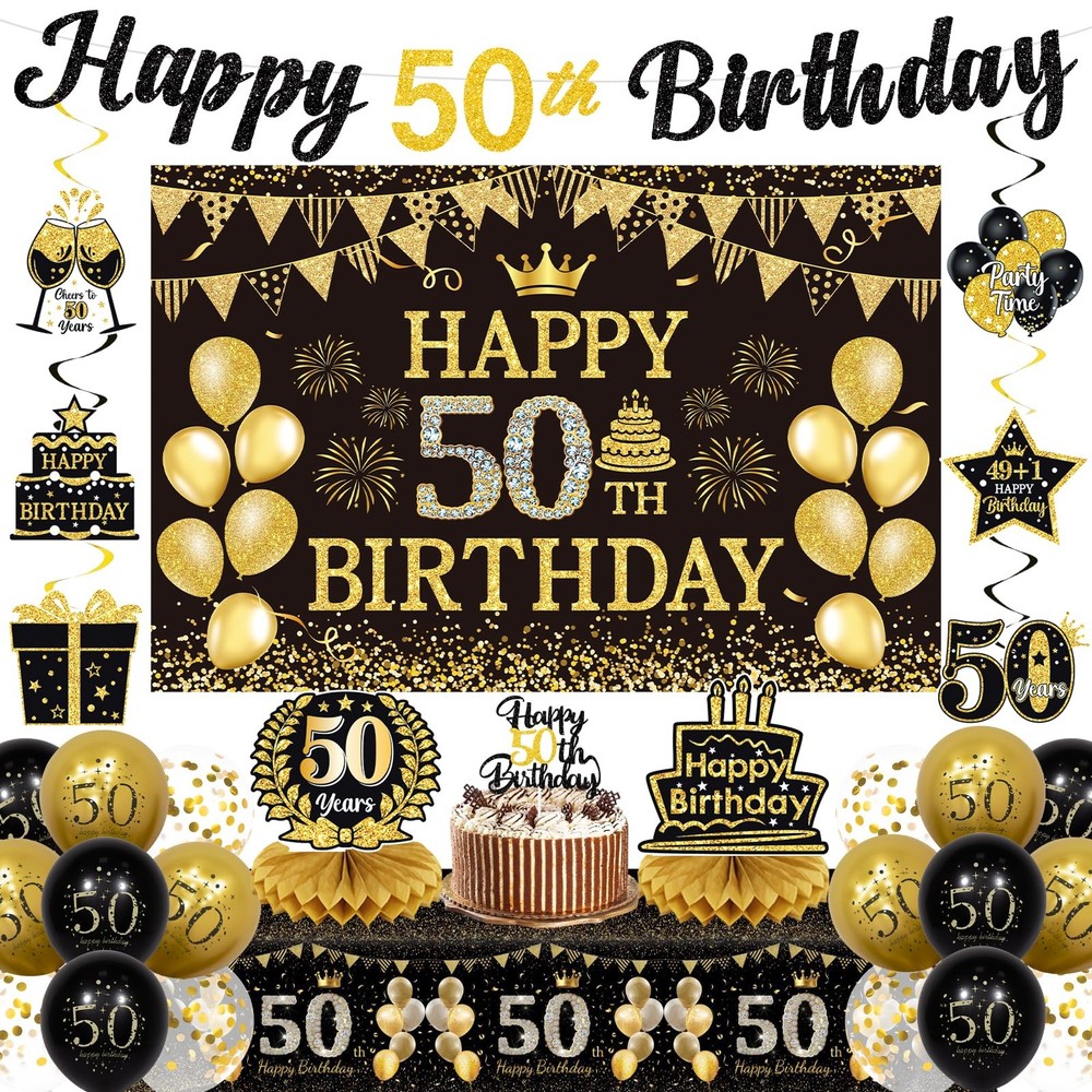 50th Decorations for Men,Pre-Strung 50th Banner with Backdrop,Tablecloth,Hone…