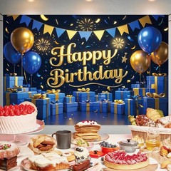 Blue Gold Happy Birthday Backdrop Banner 70.8 x 47.2 Inch,