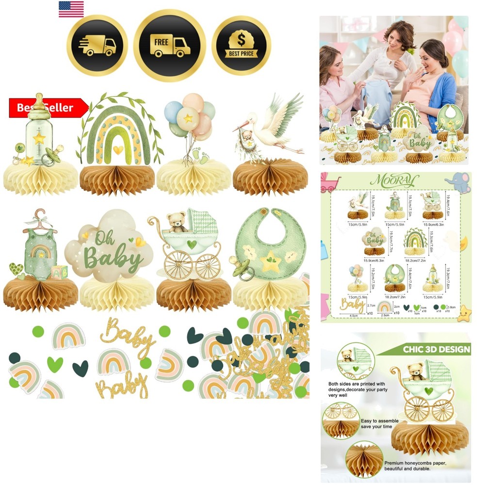 8Pcs Bear Baby Shower Decorations Honeycomb Centerpieces for Boy, Confetti Ba…