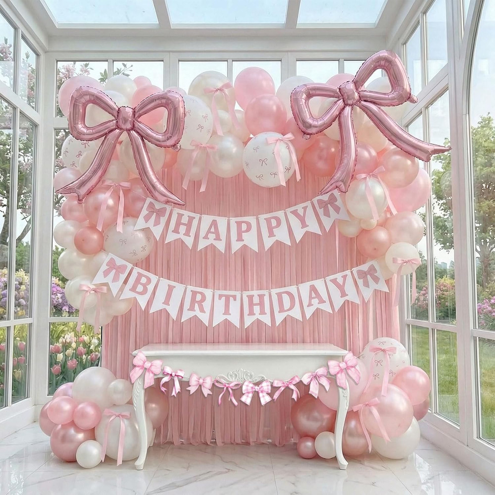 Pink Bow Party Decorations – Coquette Birthday Decorations Include Banner Pearl