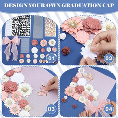 MotiMind 46 Pcs DIY Graduation Cap Decorations Kit Included Paper Flowers, 3D Bu