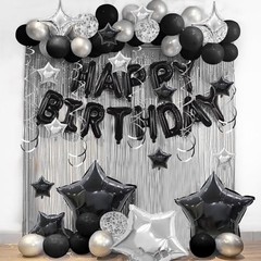 56 PCS Happy Birthday Balloons Happy Birthday Banner Silver and Black Balloons
