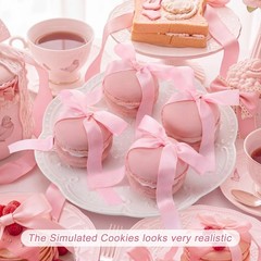 Chumia 4 Pcs Pink Bow Artificial Macarons with Satin Ribbon Bow, Fake Macaron…