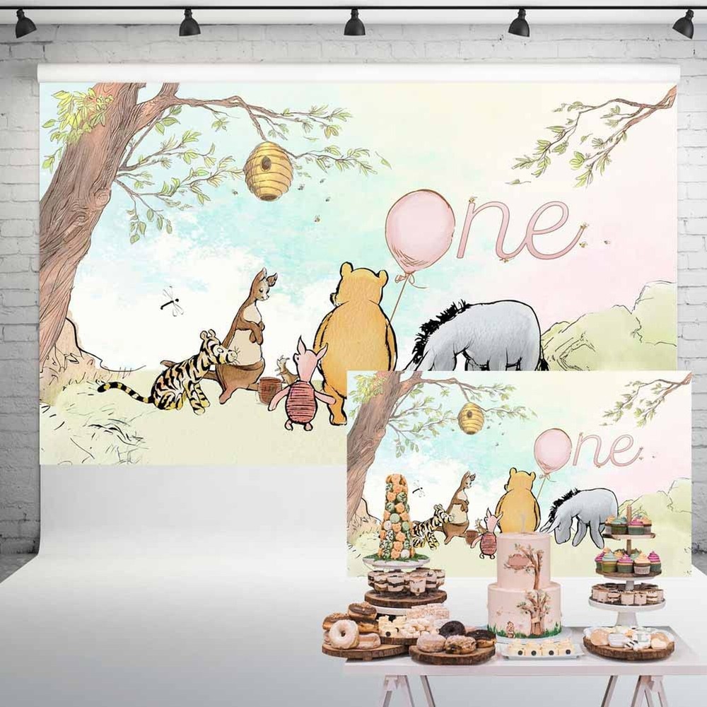 Vintage Pooh Bear Backdrop 1st Birthday Girl Watercolor Tree Pastel Sky Pink …