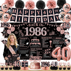 Rose Gold 40Th Birthday Decorations for Women – 63Pcs Happy 40Th Birthday Banner