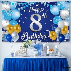 XtraLarge Silver and Blue Happy 8th Birthday Banner – 72×44 Inch | 8th Backdrop