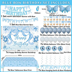 Blue Bow Birthday Decorations for Girls Women, Coquette Bow Birthday Decorations
