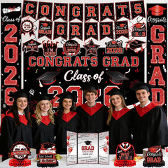Graduation Decorations Class of 2026, Red and Black Graduation Party Supplies, B