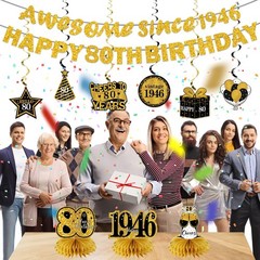 11Pcs 80th Birthday Decorations Kit for Men Women, Black Gold Happy 80th Birt…