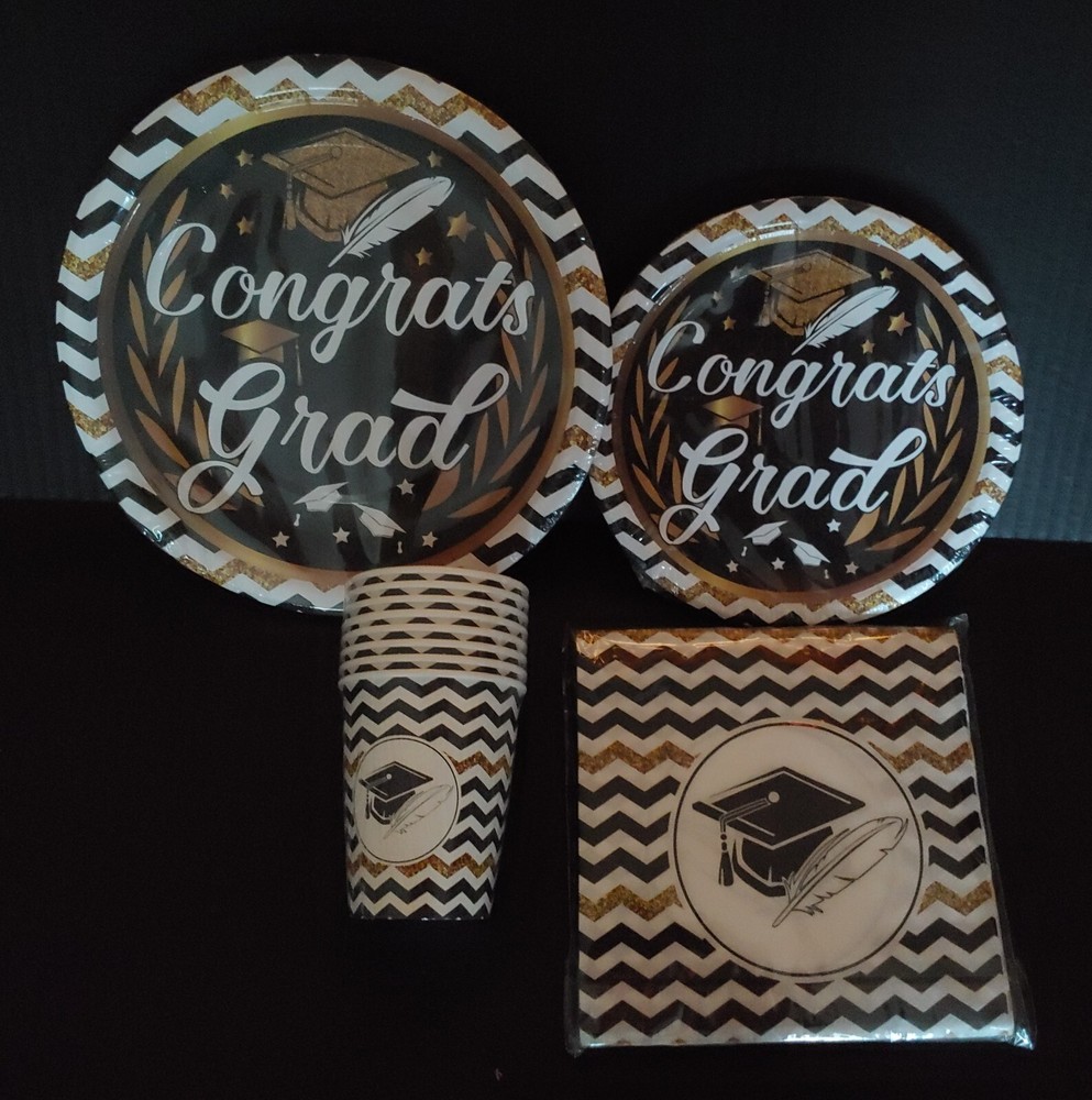 Gold White &Black Graduation Party Paper goods Any Year service for 8 Total 32