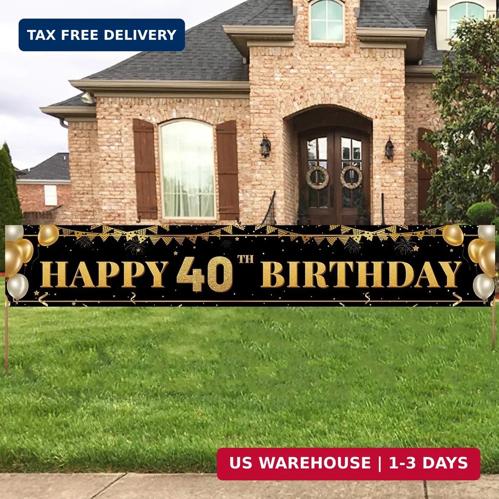 Large Happy 40th Birthday Decoration Banner, Black and Gold Happy 40th Birthday