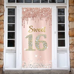 Sweet 16 Birthday Door Banner Backdrop Decorations for Girls, Pink Rose Gold …