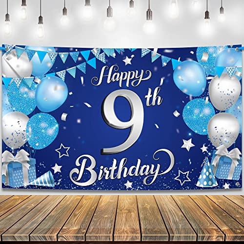 Blue Happy 9th Birthday Decorations Banner – XtraLarge 72×44 Inch | 9th Birthday