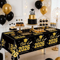 2 Pack Graduation Tablecloths Black Gold Class of 2026 Disposable Party Decor