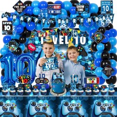 10Th Birthday Decorations for Boys, 149Pcs Blue Video Game Level 10 Party Suppli