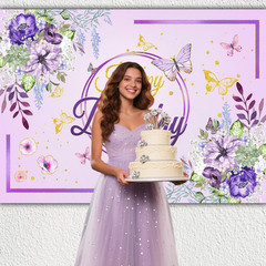 Birthday Party Background,Elegant Purple & Gold Floral Butterfly Happy Birthday