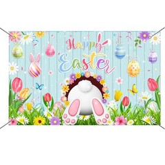 Mocsicka Happy Easter Banner Backdrop Blue Wooden Doors Bunny