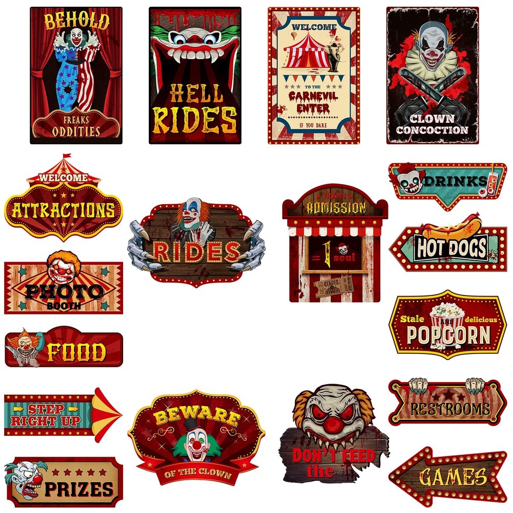 Harloon 18 Pcs Circus Party Signs Halloween Sign Red, White, Blue