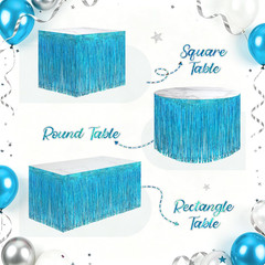 2 Pack Light Blue Iridescent Fringe Table Skirt 30X118″, Holographic Metallic