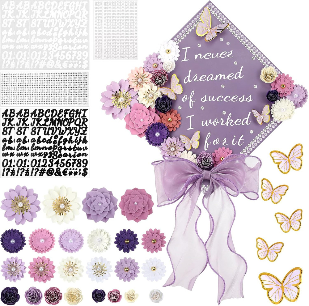 MotiMind 46 Pcs DIY Graduation Cap Decorations Kit Included Paper Flowers, 3D Bu
