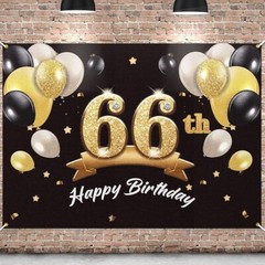 Happy 66th Birthday Banner Backdrop – Party Decorations Black Gold 4 x 6ft