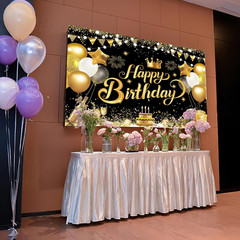 7X5Ft Happy Birthday Backdrop Banner – Black Gold Glitter Balloon Theme