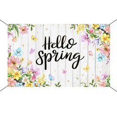 Hello Spring Banner Backdrop Wildflowers Rustic Wood Happy Spring Background Ban