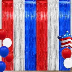 Patriotic Red White Blue Thicken Foil Fringe Tinsel Backdrop 3.2×8.2 Ft 2 PK
