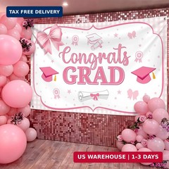 Katchon, Pink Bow Congrats Grad Banner – 72×44 Inch | Pink graduation banner Cla