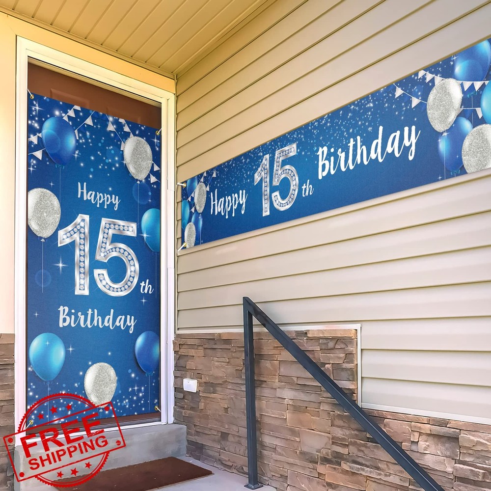 PAKBOOM 15th Birthday Door Cover Banner Sign Blue