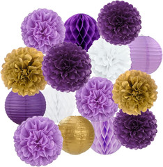Purple Gold Party Decorations 15Pcs Paper Flowers Lanterns Tissue Pom Poms Honey