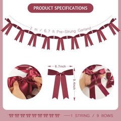 Sherry Bow Garland Banner 1 String 9 PCS, Pre-Strung Satin Ribbon Bow Ornamen…