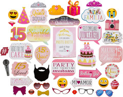 Quinceanera Photo Booth Props – 41-Pc Photobooth Kit with 8 X 10-Inch Sign, 60 A