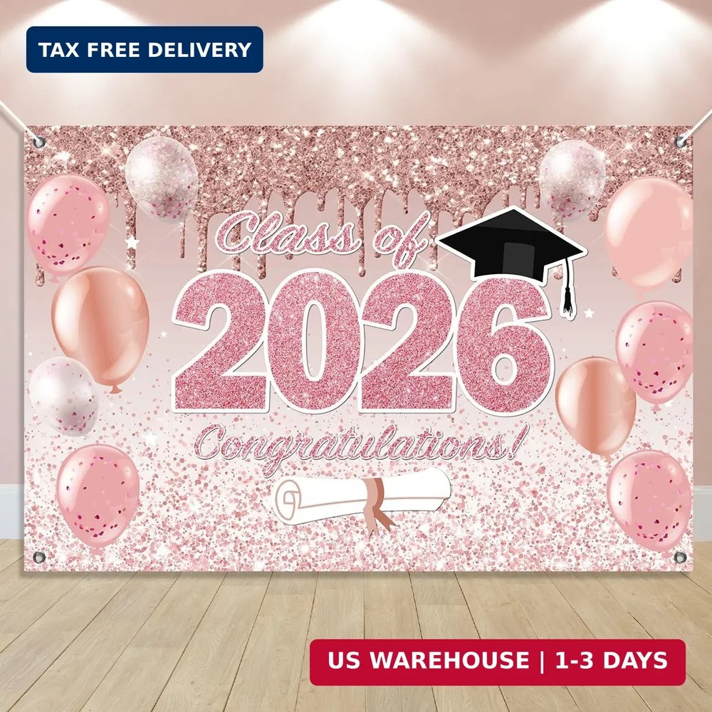 Pink Graduation Decorations Class of 2026, Pink Rose Gold Graduation Backdrop, C
