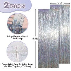 2 Pack Laser Silver Tinsel Foil Fringe Curtains Metallic Party Streamers