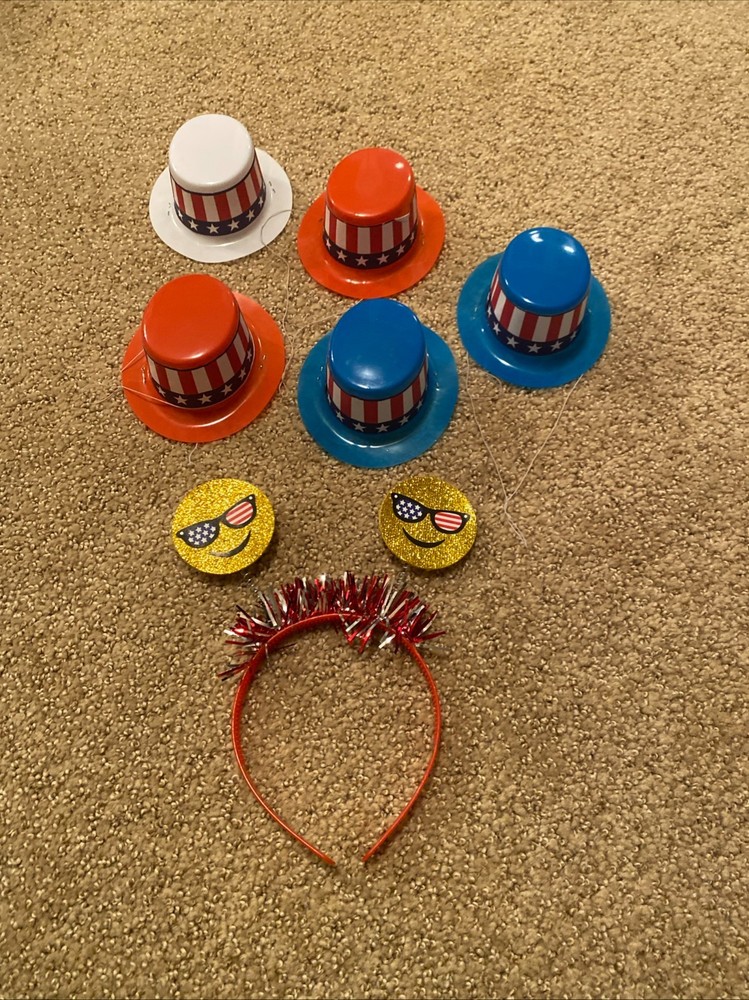 Stars And Stripes Plastic Party Hats (5) Headband (1) 4th of July Patriotic Fun