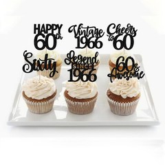 24PCS Black Happy 60th Birthday Cupcake Toppers Sixty Vintage 1966 Cupcake Pi…