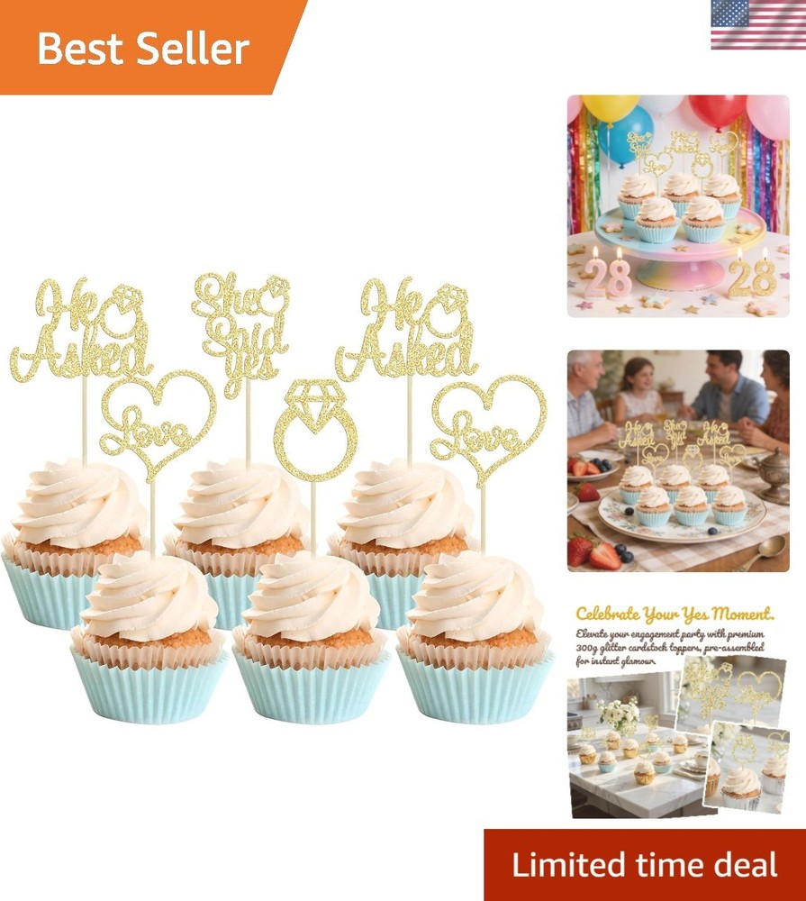 He Asked She Said Yes Cupcake Toppers Gold Glitter Diamond Ring Heart Love Ca…