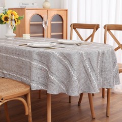 Gernaice Boho Striped Oval Tablecloth, Linen Fabric Cut-Out Embroidery Style Tab