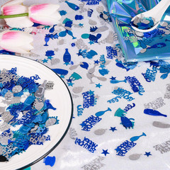 Blue and Silver Happy Birthday Confetti, 3000 Pcs Birthday Cake Table Metallic F