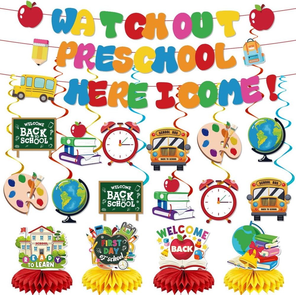 Back to School Decorations-Watch Out Preschool Banner, Hanging Swirls and Honeyc