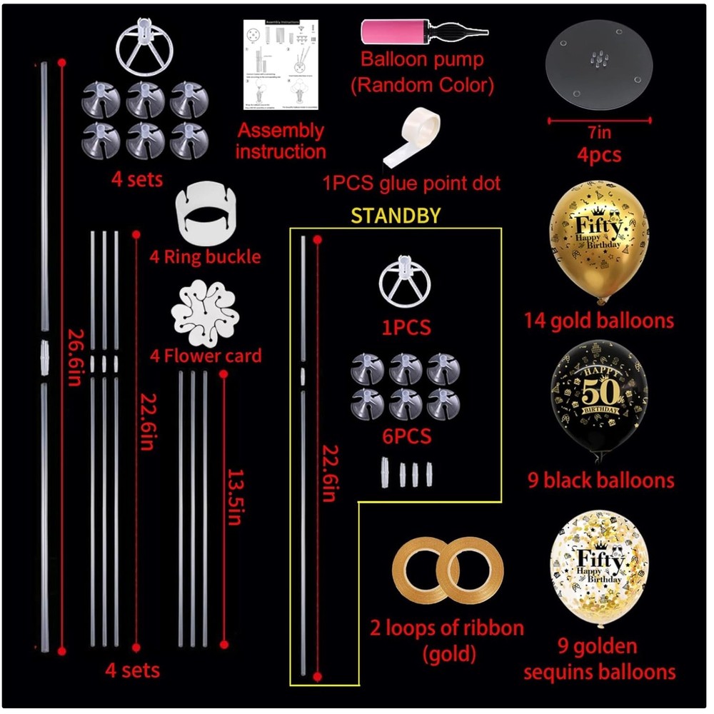Black Gold Balloon Stand Kit for 50th Birthday Decor